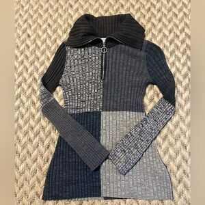 Sandro Sweater - Women's 2 Gray - Grey Zip Turtleneck Ribbed Knit Patchwork